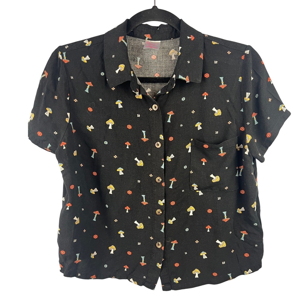 Quirky Mushroom Novelty Print Button Front Short Sleeve Cropped Shirt Size S